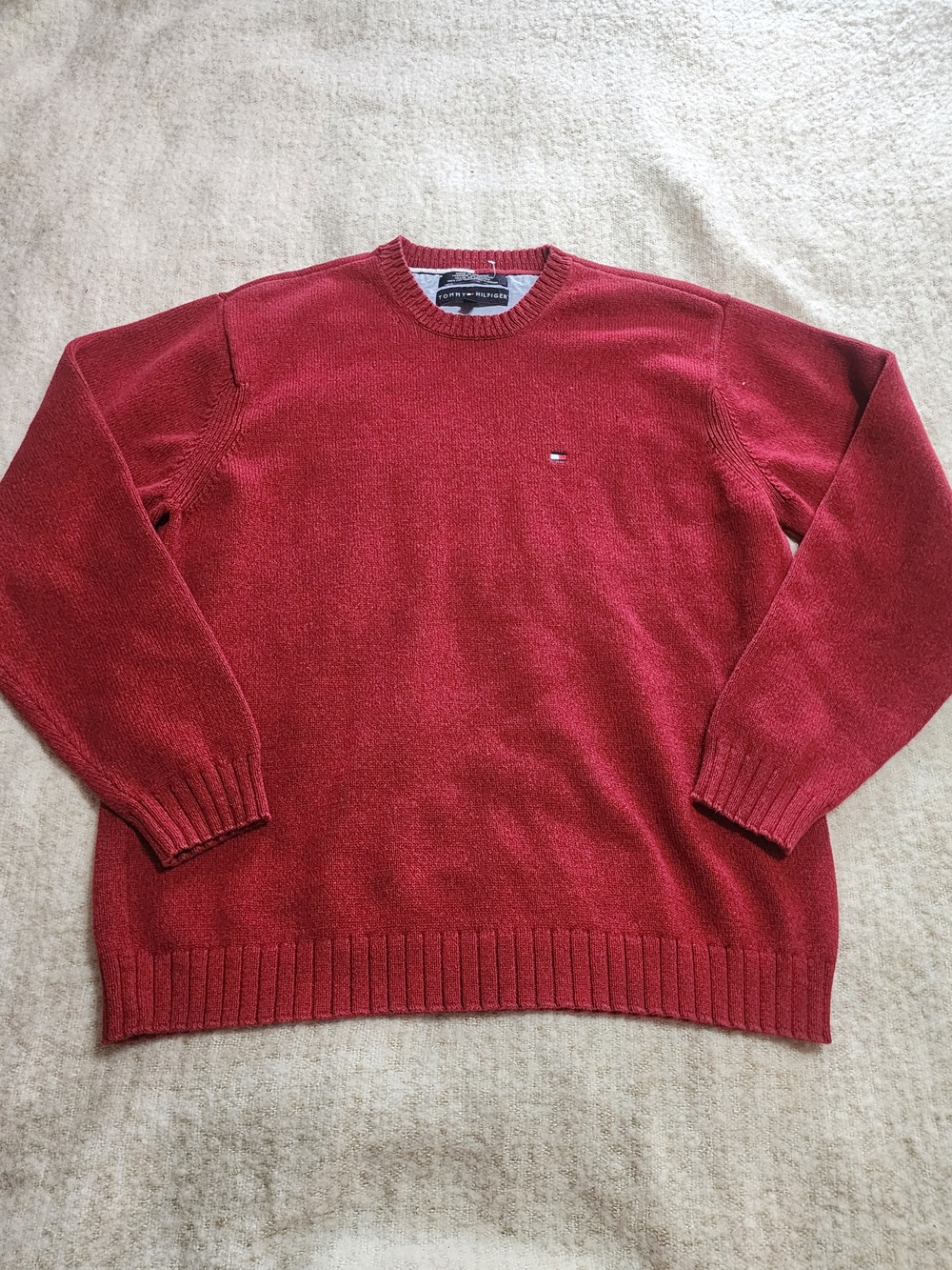 Vintage Tommy Hilfiger Cotton Red Ribbed Knit Oversized Pullover Sweater Logo Lg